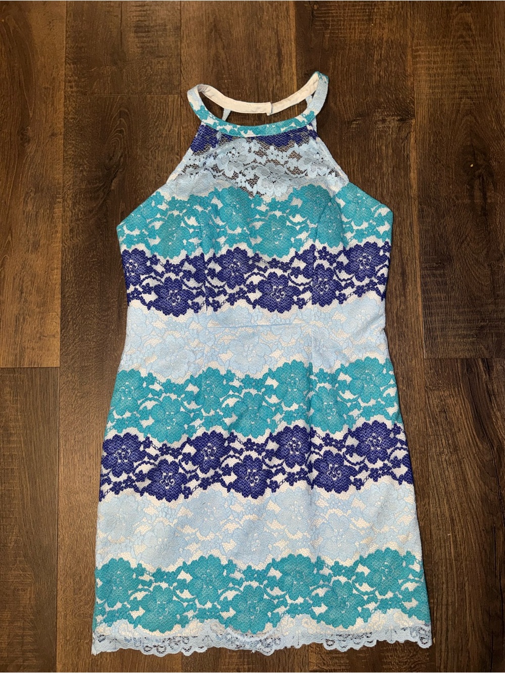 Everly Womens' Teal, Navy & White Lace Halter Party Dress